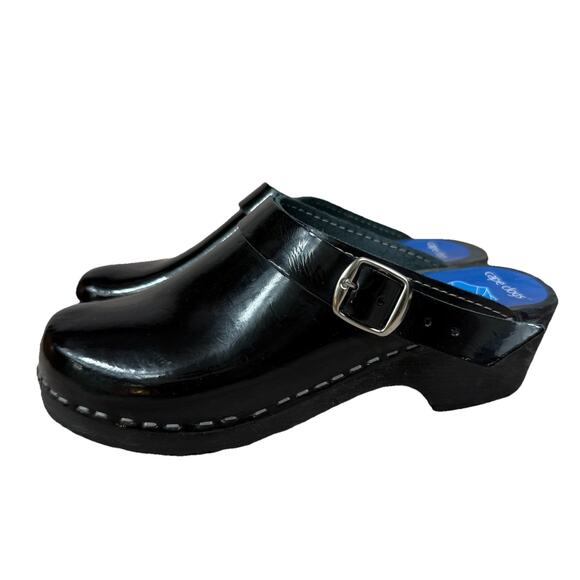 Torpatoffeln Black Patent Leather Cape Clogs Mules Size 36 (5.5/6) Wooden Heel - Picture 1 of 16